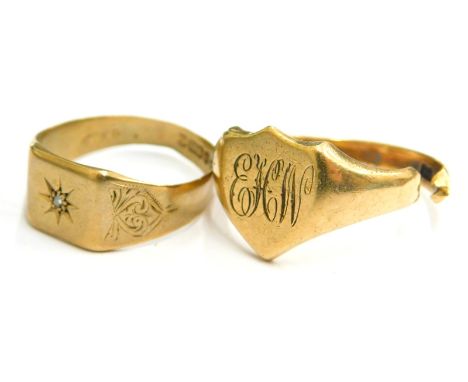 Two 9ct gold rings, comprising a gents signet ring, of shield design bearing initials EHW, cut, 6g, together with a gent's si