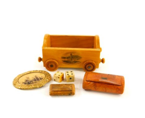 Various items of Mauchline ware, a late 19thC snuff box, Inveraray Cross Castle and Duniquaich Sycamore railway carriage, ova