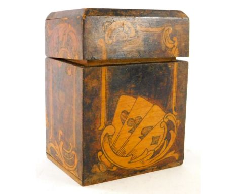 An early 20thC treen playing card case, with an inlaid top decorated with scrolls and a fitted interior, 13cm high.