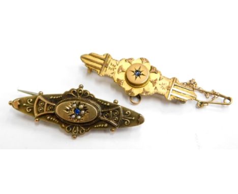 Two bar brooches, comprising a Victorian 9ct gold brooch, set with aquamarine  and seed pearl, 4cm wide, and a 9ct gold and b