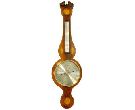 An Edwardian style mahogany and painted and inlaid banjo barometer, the 19cm diameter silvered dial signed Comitti London, in