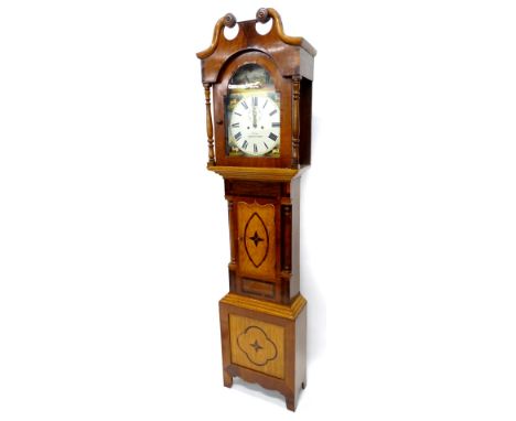 Page, Market Rasen. A mid 19thC oak mahogany and rosewood longcase clock, the painted arch dial decorated with hunting dogs, 