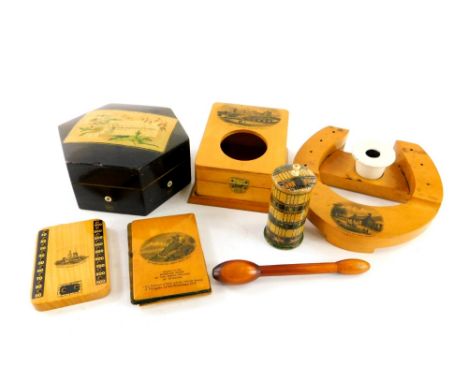 Various Mauchline ware etc., a Buchannan's cottage, Rannoch horseshoe inkwell with ceramic pot, 14cm wide, an East Terrace Wi