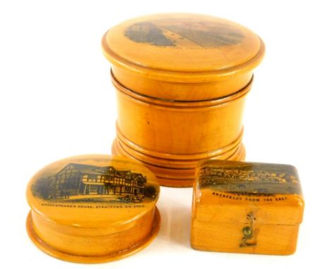 A 20thC Mauchline ware sycamore compass box and compass, showing Shakespeare's House, Stratford-upon-Avon, 6cm diameter, a th