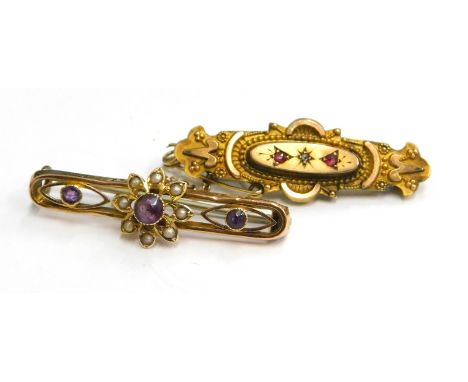 Two bar brooches, comprising a 9ct gold garnet and diamond set bar brooch, 4cm wide, and a 9ct gold amethyst and seed pearl s