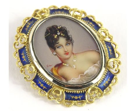 An oval painted brooch of a maiden, the maiden wearing a stone set necklace, tiara and earrings, in enamel decoration on whit