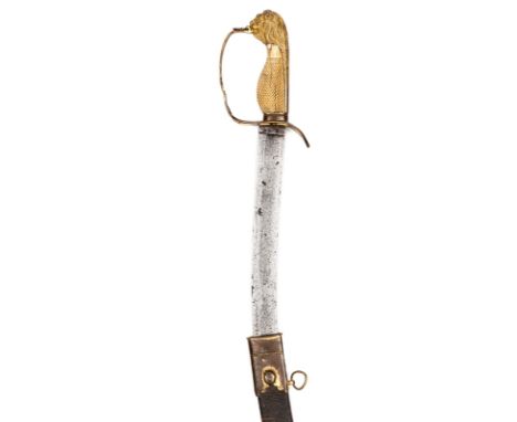 A Geo light company officer’s sword, c 1800, with unusually long shallow fullered, curved blade, 32½”, by “Thos Wilcos. Warra