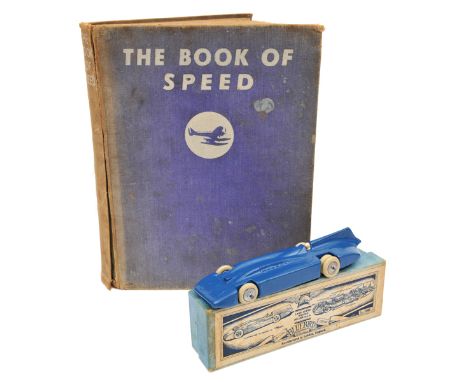 A rare 1930’s Britains Land Speed Record Car Bluebird No.1400. Lift off body in blue, detailed chassis and engine with rear s