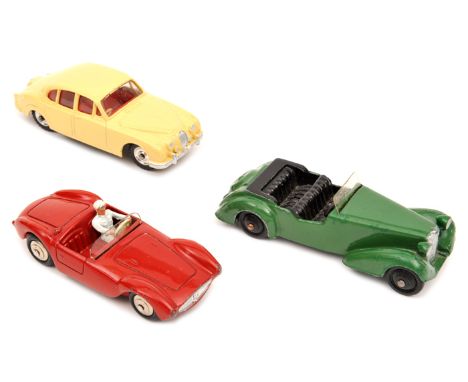 3 Dinky Toys. 2 UK examples – Jaguar 3.4 litre in cream with red interior and spun wheels. Plus a 38 series Alvis Sports Tour