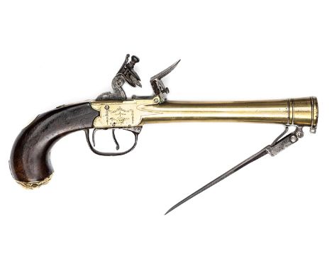 A brass barrelled and brass framed flintlock boxlock blunderbuss pistol with spring bayonet by Gill,        c 1785, 12½” over