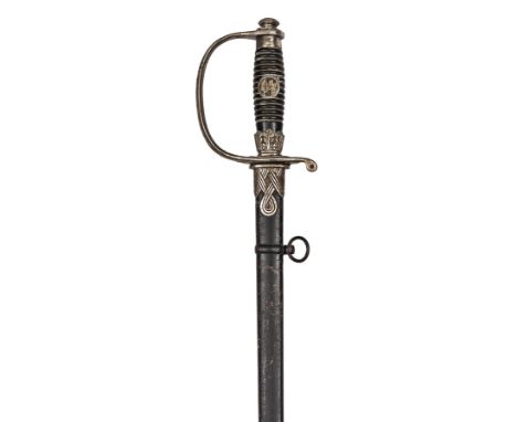A Third Reich type SS officer’s sword, with plain plated blade, the hilt with wooden grip and plated mounts and SS logo, in i