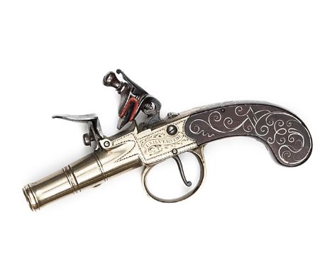 A charming very small 120 bore cannon-barrelled flintlock boxlock muff pistol, by I. Silverside,                c 1780, the b