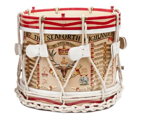 A painted brass side drum of The 1st Bn Seaforth Highlanders (Ross-shire Buffs, The Duke of Albany’s), with regimental badges