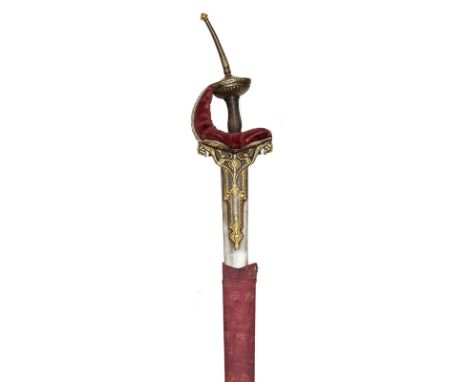 A good 18th century Indian sword khandar with gold overlaid hilt,  flat blade 39”, with traces of inscription on one side nea