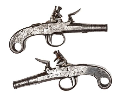 A pair of French mid 18th century all steel cannon barrelled flintlock boxlock pocket pistols, 6½” overall, turn off barrels 