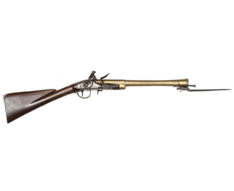 A brass barrelled flintlock blunderbuss with spring bayonet, by Ketland & Co, c 1790, 31” overall, bell mouth barrel 15½” wit