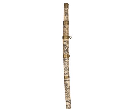 A Japanese shortsword, blade 18½”, bone hilt and scabbard, carved in panels separated by brass bands embossed with florets, a