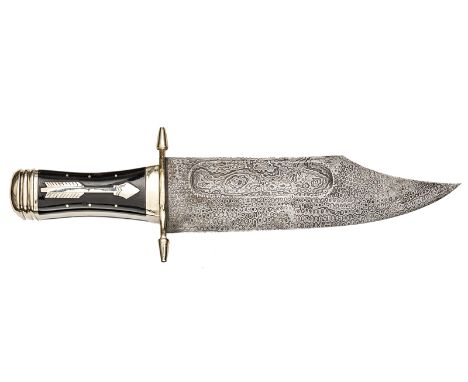 A massive Bowie knife,  blade 12”, width at forte 3”, shallow back fuller, Damascus decorated overall with wavy patterns and 