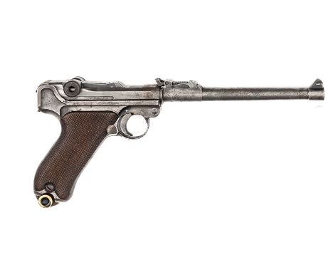 A 9mm long barrelled P08 “Artillery” Luger semi automatic pistol, number 1543 on barrel, 949 on frame, with “DWM” on toggle, 