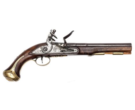 A 20 bore flintlock holster pistol in the style of         c 1760, 3 stage barrel 9”, with London proofs and engraved “London