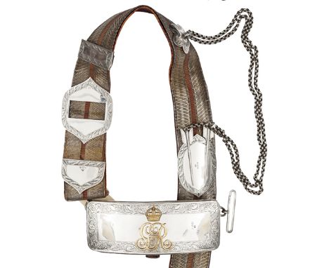 A Geo V Lancer officer’s silver mounted shoulder belt and pouch, gilt lace belt with red central stripe, silver buckle, tip a