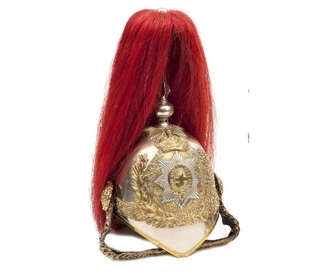 A post-1902 trooper’s helmet of the Royal Horse Guards, WM skull, brass peak binding, leather backed graduated link chinchain