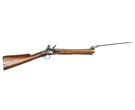 A brass barrelled flintlock blunderbuss with spring bayonet, by Richards c 1785,  30” overall, bell mouth barrel 14½” with To