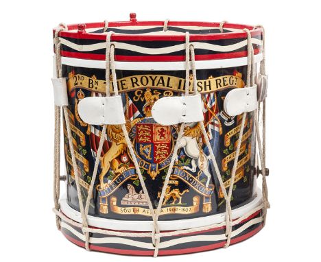 A painted brass side drum of the 2nd Bn The Royal Irish Regt, with R Arms and supporters, GVR above, regimental badges, Egypt