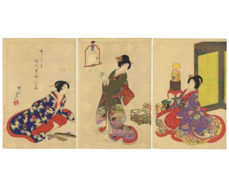 Artist: Chikanobu Yoshu (1838-1912)Title: Beauties with a ParrotSeries: High-ranking Ladies of the Tokugawa EraPublisher: Has