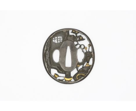 Title: Sukashi tsuba, tea making utensil and landscapeDate: 19th centurySize: 7.2 x 6.7 x 0.3 cmCondition: Minor wear.Ref: T6