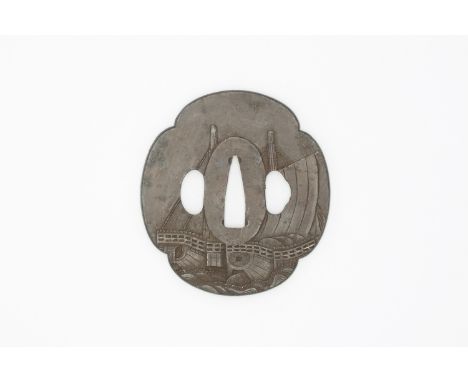 Title: Iron tsuba with sailing ship designDate: 19th centurySize: 7.6 x 7.0 x 0.4 cmCondition: Light wear.Ref: T27