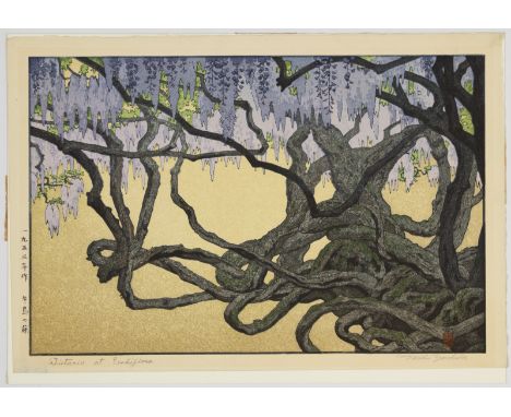 Artist: Toshi Yoshida (1911-1995)Title: Wistaria at UshijimaPublisher: ArtistDate: 1953Size: 28.7 x 41 cm (incl backing board
