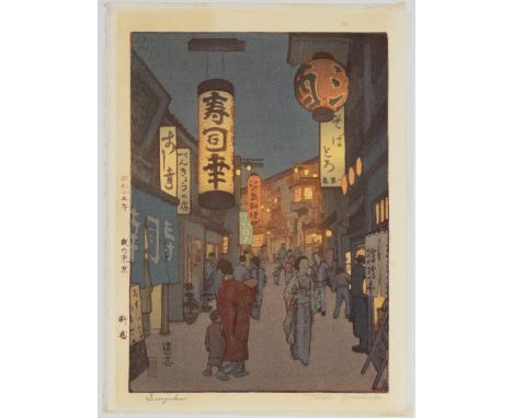 Artist: Toshi Yoshida (1911-1995)Title: SinjukuSeries: Tokyo at NightPublisher: ArtistDate: 1938Size: 27.4 x 20.6 cmCondition