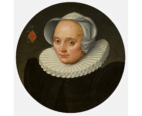 NIEDERLÄNDISCHE SCHULE2. H. 16. Jh.Titel: Portrait der Anna van Oudewater. Technik: Öl auf Holz. Durchmesser: 46,5cm. Rahmen/