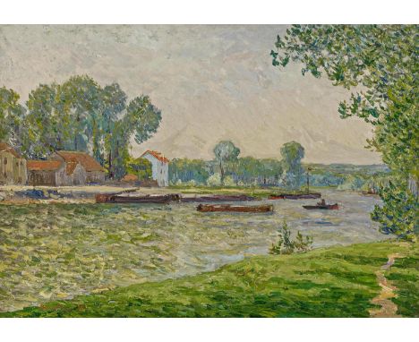 MAUFRA, MAXIME ÉMILE LOUIS1861 Nantes - 1918 PoncéTitel: Remorquage sur l'Oise, l'Ile-Adam. Datierung: 1901. Technik: Öl auf 