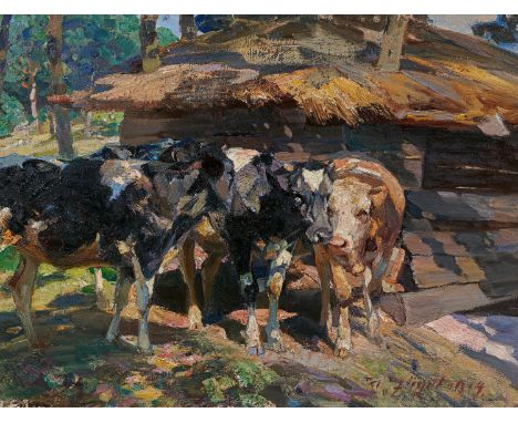 ZÜGEL, HEINRICH VON1850 Murrhardt - 1941 MünchenTitel: Kälber im Sonnenlicht. Technik: Öl auf Leinwand. Maße: 60 x 80cm. Beze