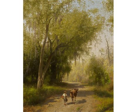 HERZOG, HERMANN1832 Bremen - 1932 PhiladelphiaTitel: Waldlandschaft in Florida. Auf dem Weg ein Mächen mit einer Kuh. Technik