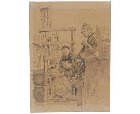 KALLMORGEN, FRIEDRICH1856 Altona - 1924 GrötzingenTitel: "Volendam". Holländische Fischerkinder. Technik: Bleistiftzeichnung 