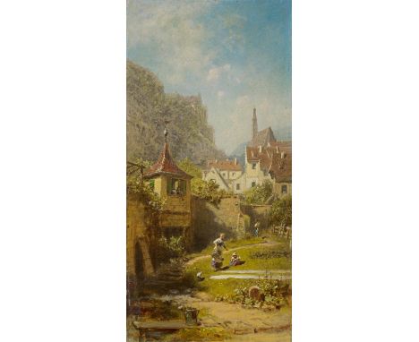 SPITZWEG, CARLMünchen 1808 - 1885Titel:  Der Wäscheplatz vor der Kleinstadt. Wäschebleiche in Meran mit Küchelberg im Hinterg