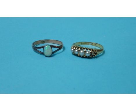 A five stone pearl ring, 18ct and a gold and opal ring (2)