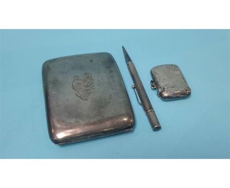 Silver cigarette case, vesta and propelling pencil