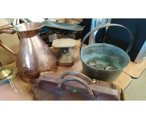 Copper measure, scales and leather bag etc.