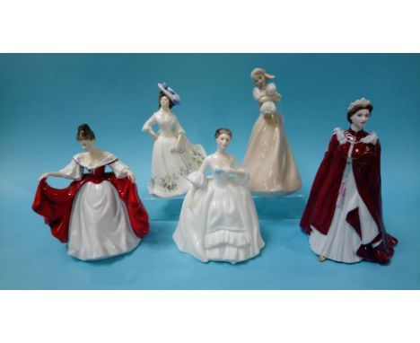 Four Royal Doulton figures and a Royal Worcester figure 'Queen Elizabeth'
