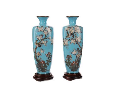 PAIR OF EARLY 20TH CENTURY JAPANESE CLOISONNE ENAMEL VASES,in the manner of Ando Jubei, featuring cherry blossoms on robin's 