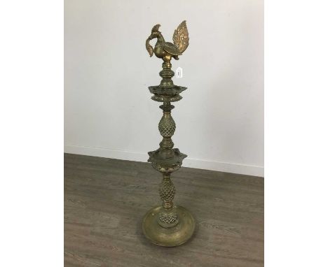 LATE 19TH/EARLY 20TH CENTURY INDIAN BRASS TWO TIER LAMP,112cm high