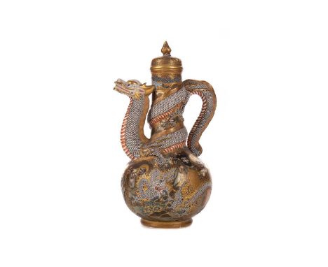 JAPANESE SATSUMA LUOHAN TEAPOT,by Chosuzan, Meiji Period (1868 - 1912), of dragon form, with gilt signature to base, 23cm hig