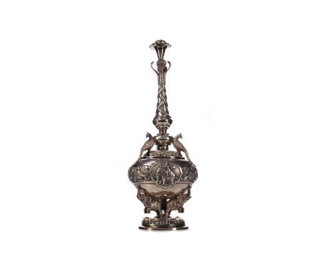 INDIAN WHITE METAL ROSE WATER SPRINKLER,decorated with flora and fauna, both cast and in relief, 26cm highCondition report: T
