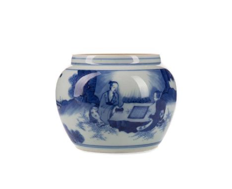 CHINESE BLUE &amp; WHITE BOWL,20th century, decorated in the Transitional/Kangxi manner with two gentlemen playing Go in gard
