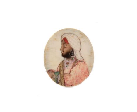 19TH CENTURY DELHI SCHOOL,PORTRAIT MINIATURE OF A MINISTER OF THE COURT OF RANJIT SINGH,watercolour on ivory, circa 1830,4.3c