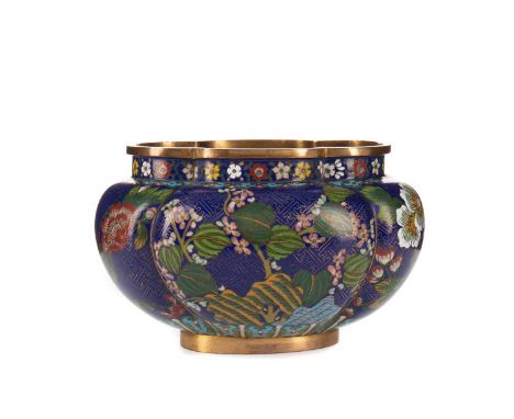 LATE 19TH/EARLY 20TH CENTURY CHINESE CLOISONNE CENSER BY LAO TIAN LI,of quatrefoil form, decorated with peonies, prunus and l